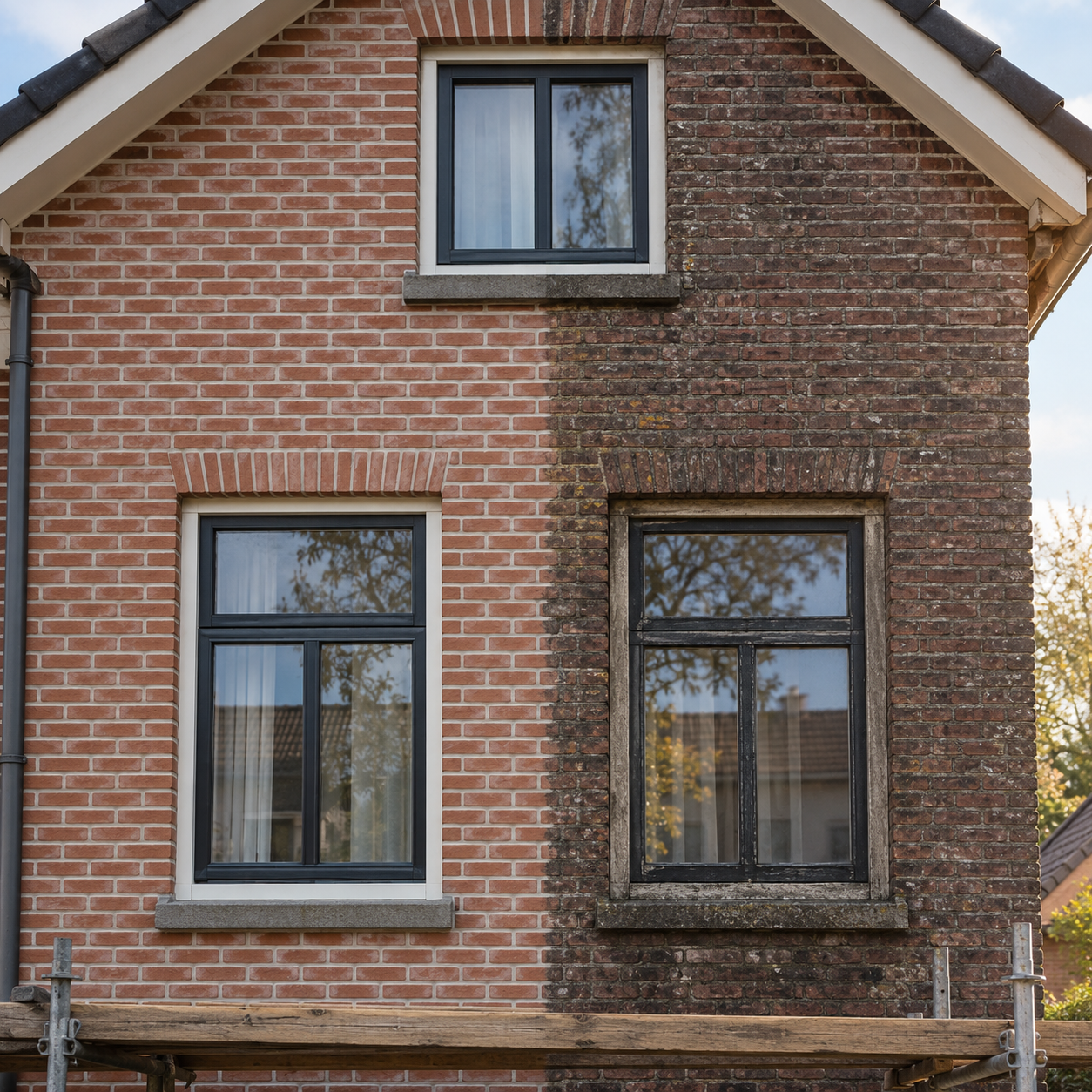 Bakstenen gevel van een jaren-dertigwoning, links gereinigd met nieuw voegwerk, rechts nog verweerd